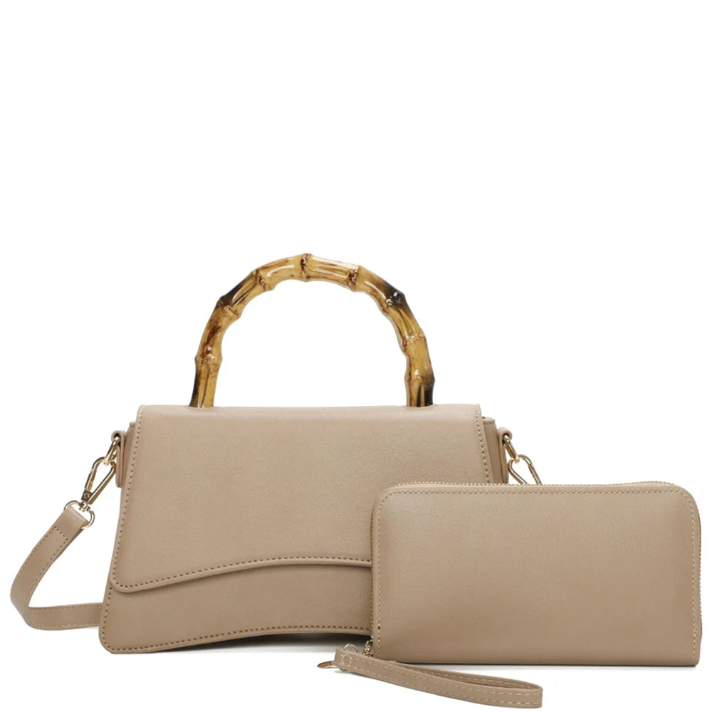 Beige handbag with bamboo handle and matching wallet in Curved Wooden Handle Bag Set