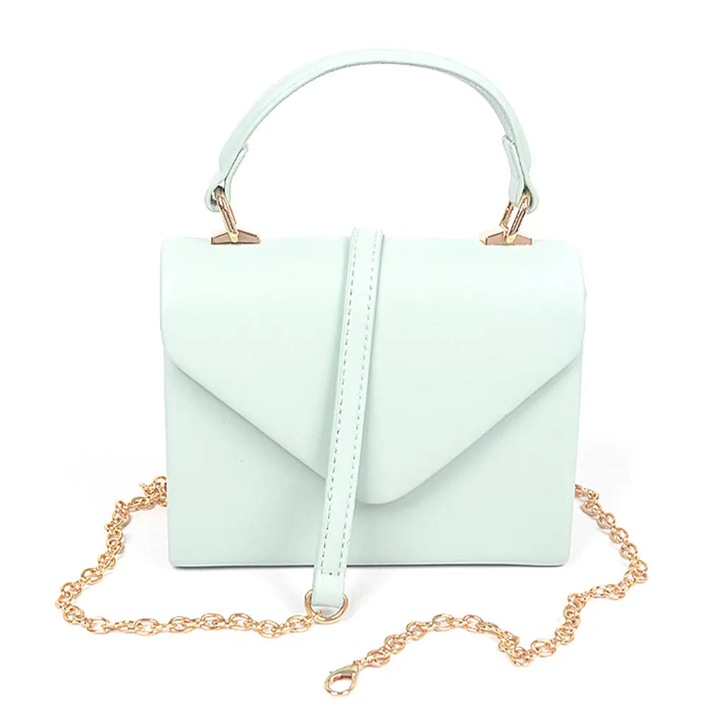 Mint green leather simple handle clutch with gold chain for stylish elegance
