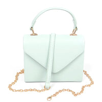 Mint green leather simple handle clutch with gold chain for stylish elegance