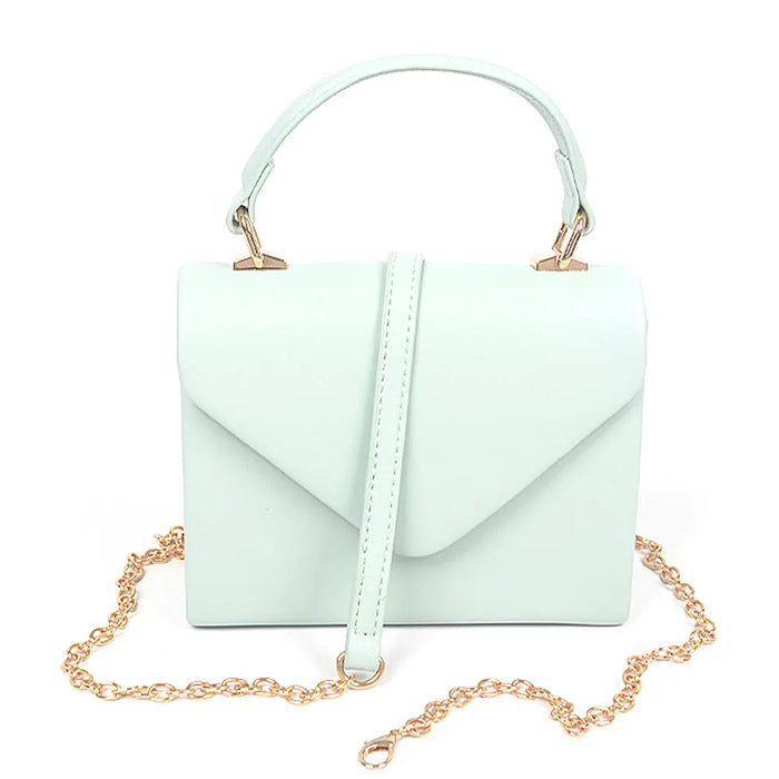 Mint green leather simple handle clutch with gold chain for stylish elegance