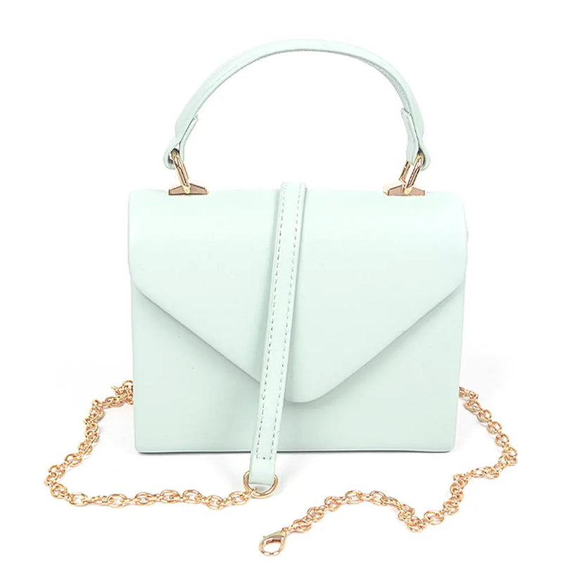 Mint green leather simple handle clutch with gold chain for stylish elegance
