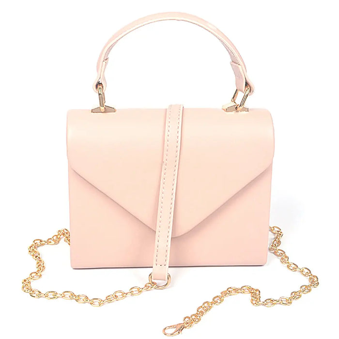 Pale pink leather simple handle clutch with gold chain for elegant evening wear