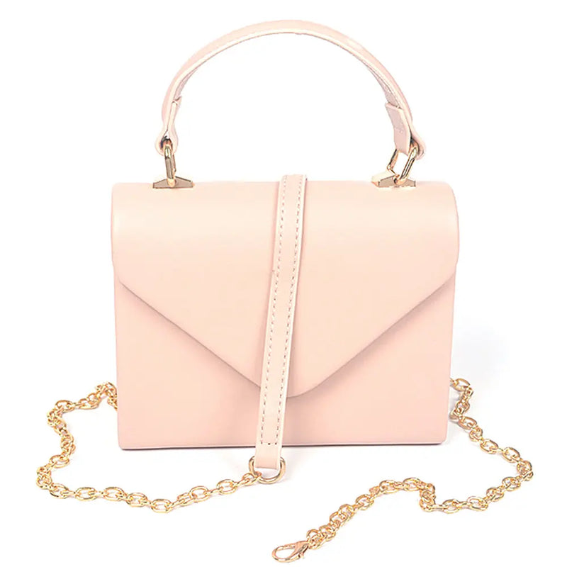 Pale pink leather simple handle clutch with gold chain for elegant evening wear