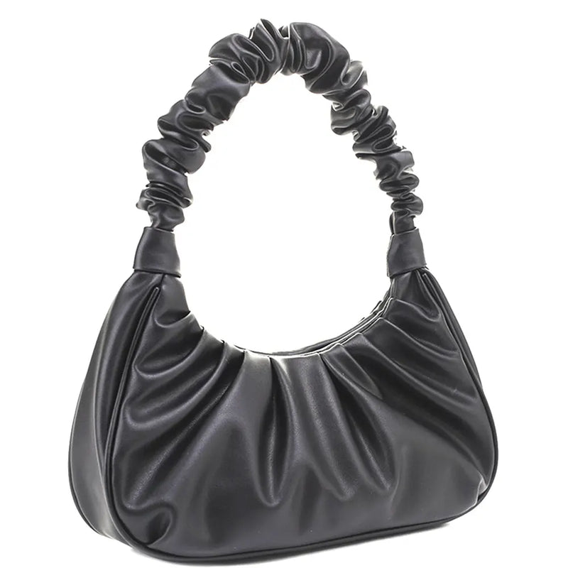 Black Ruched Leather Shoulder Bag featuring a gathered handle, ideal for plain wrinkle style