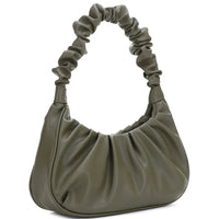 Olive green Plain Wrinkle Handle Bag with ruched shoulder and gathered fabric handle