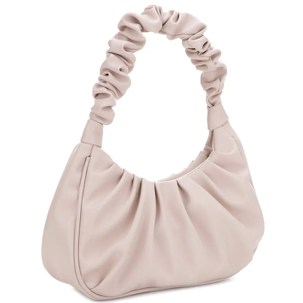 Light beige Plain Wrinkle Handle Bag with ruched shoulder and gathered fabric handle