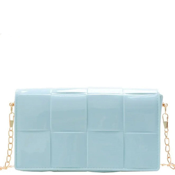 Light blue plastic quilted bag with gold chain strap for stylish elegance