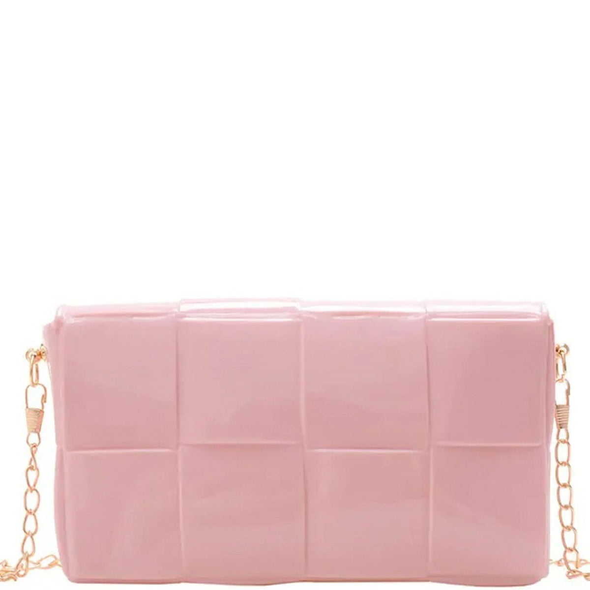 Pink plastic quilted bag with chain strap, perfect for stylish outings