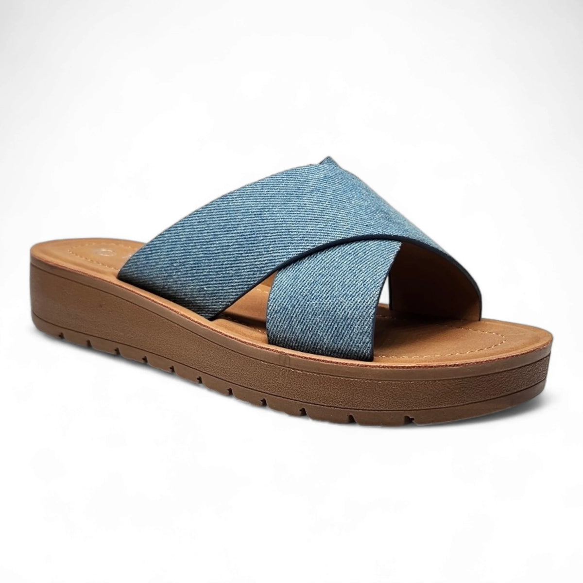 Denim cross-strap sandals with a stylish brown platform sole for summer fashion