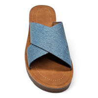 Denim and leather slide sandal with crossed straps in Platform Criss Cross Sandals