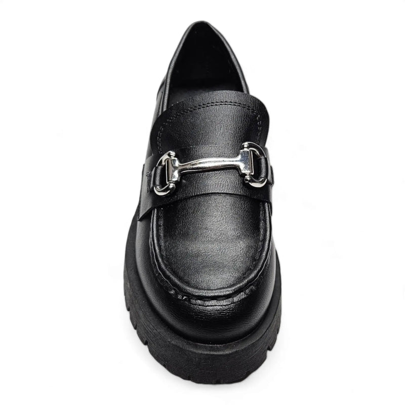 Black leather loafer with chunky sole and gold hardware horsebit detail across vamp