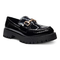 Black patent leather loafer with chunky sole and gold hardware for stylish footwear