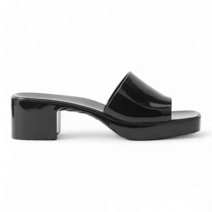 Black patent leather chunky heel slide sandals from Platform Jelly Slides collection