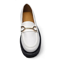 White leather Platform Loafer with gold metal accent and chunky black sole