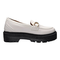 White leather Platform Loafer with chunky black sole and gold hardware details