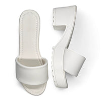 White faux leather Platform Pool Slide with chunky platform heel for stylish comfort