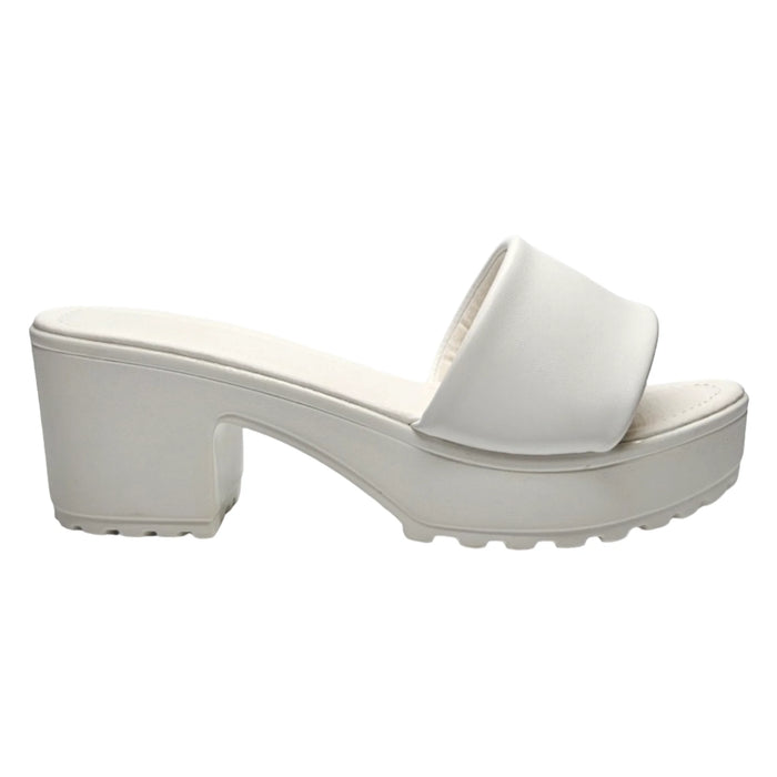 White faux leather platform pool slide sandal with chunky heel and thick strap