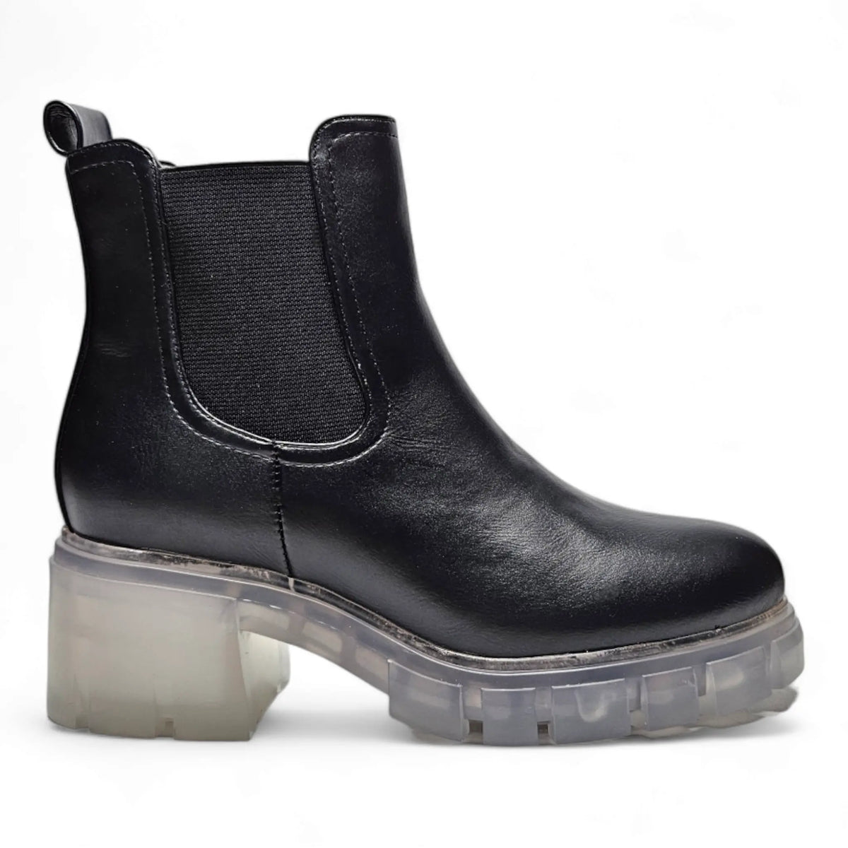 Black leather ankle boot with a chunky translucent lug sole and heel, Save The Planet Bootie