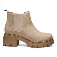 Beige suede Lug Sole Chelsea Bootie with chunky platform sole for stylish comfort