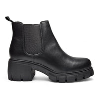 Black leather Lug Sole Chelsea bootie with chunky platform sole and heel