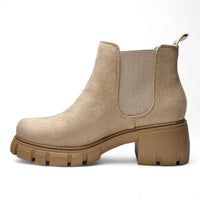 Beige suede Lug Sole Chelsea Bootie with chunky platform and elastic side panel