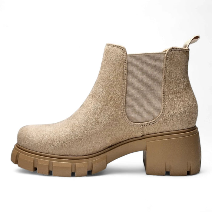 Beige suede Lug Sole Chelsea Bootie with chunky platform and elastic side panel