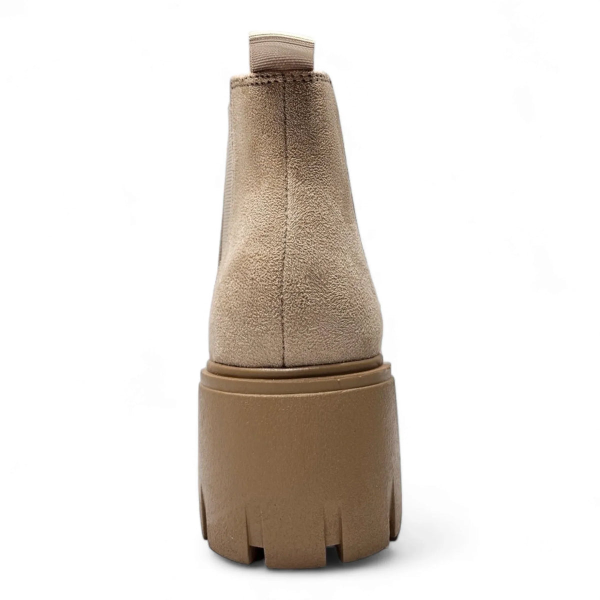 Beige suede ankle boot with chunky platform sole from Lug Sole Chelsea Bootie collection