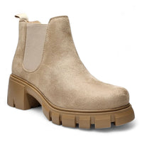 Beige suede Lug Sole Chelsea Bootie with chunky platform and elastic side panel