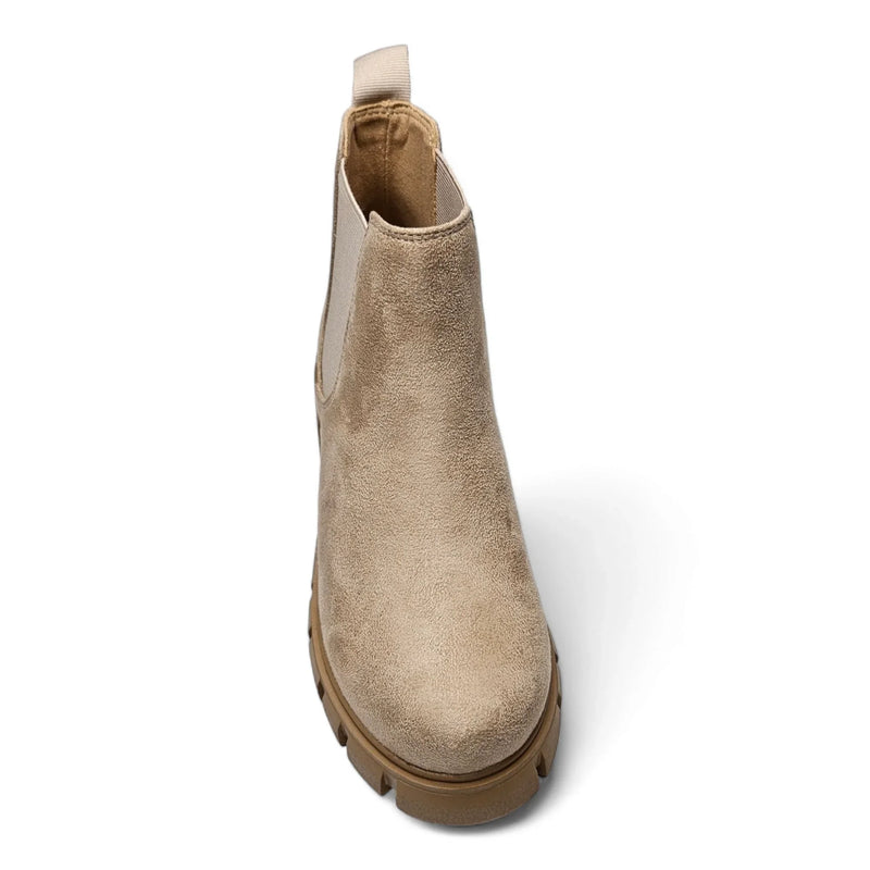 Beige suede Lug Sole Chelsea Bootie with chunky rubber sole for stylish comfort