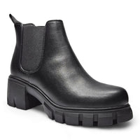 Black leather Lug Sole Chelsea Bootie with chunky platform sole and block heel