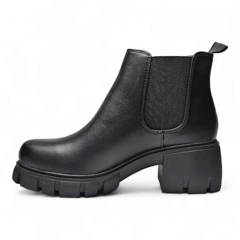 Black Leather Lug Sole Chelsea Bootie with Chunky Platform Sole for Stylish Comfort