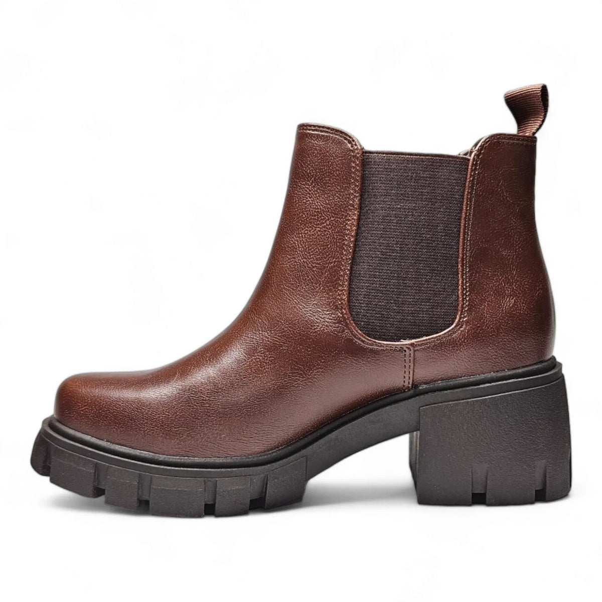 Brown leather Lug Sole Chelsea Bootie featuring a chunky platform sole and heel