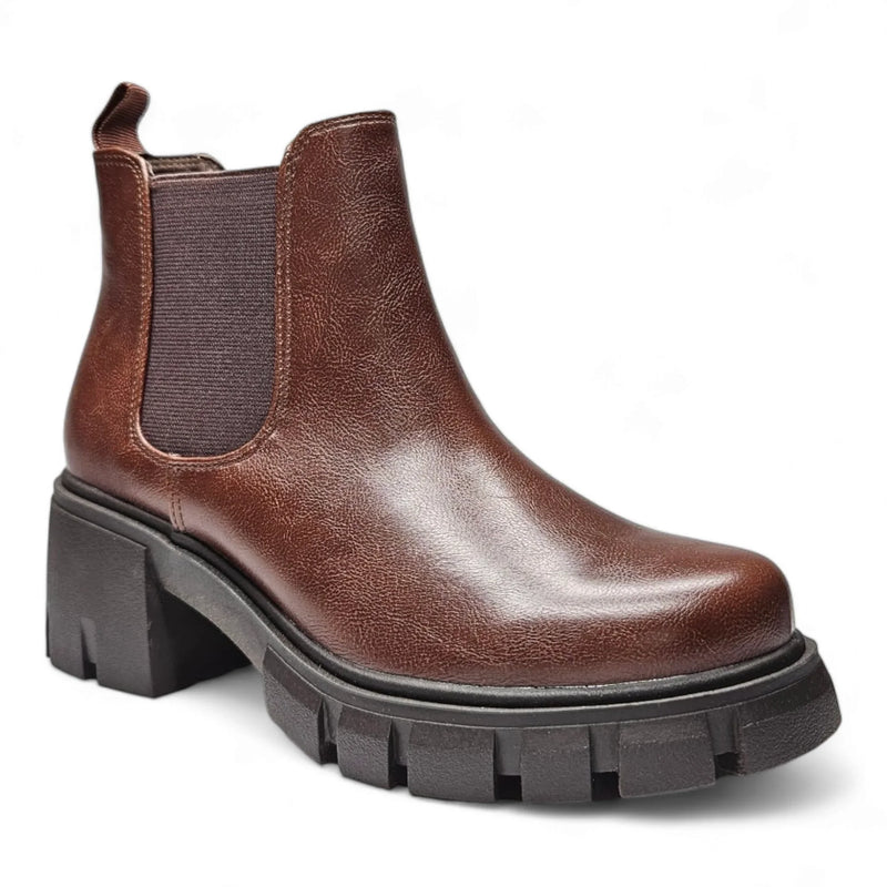 Brown leather Lug Sole Chelsea Bootie with chunky platform sole and block heel