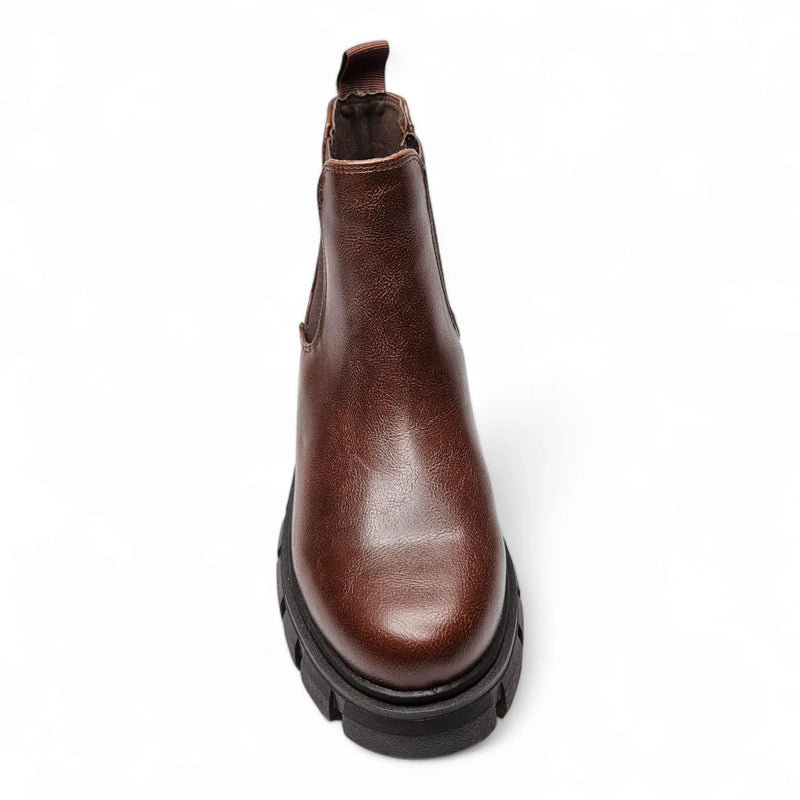 Brown leather Lug Sole Chelsea Bootie with chunky black sole for stylish comfort