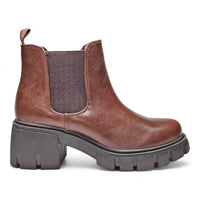 Brown Leather Lug Sole Chelsea Bootie with Chunky Platform Sole for Stylish Comfort