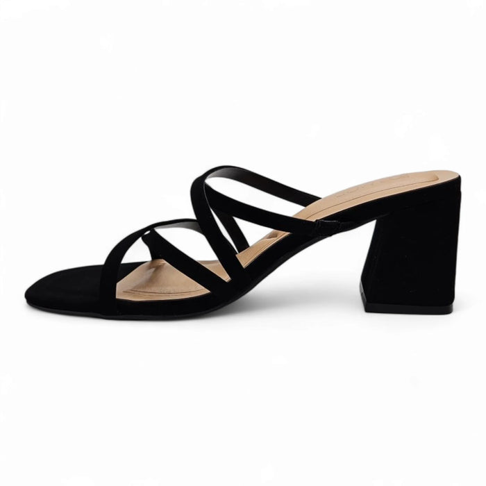 Queena Crisscross Strap Block Heel - Black