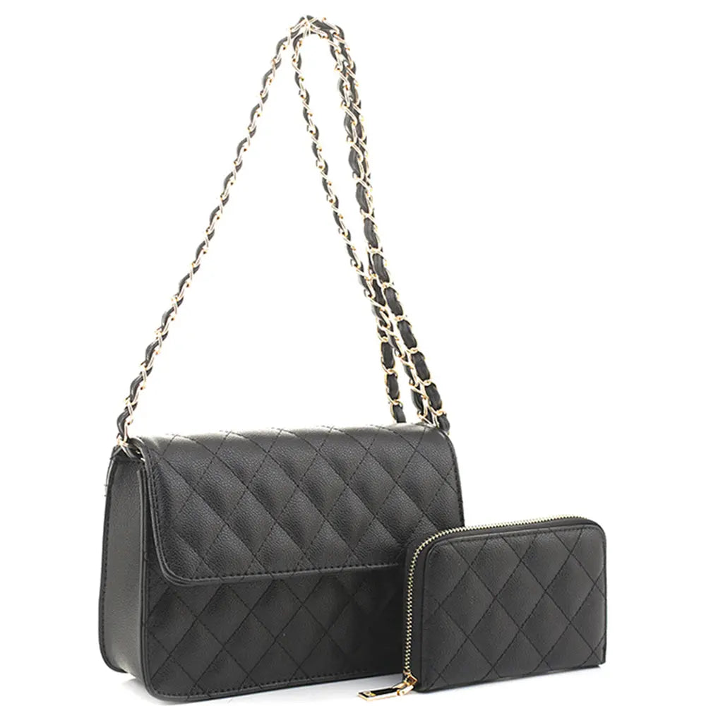 Quilted crossbody bag with chain strap and matching wallet in sleek black design