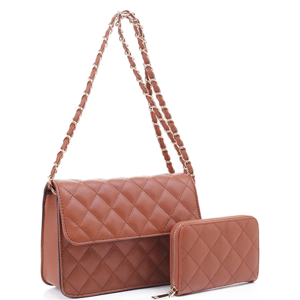 Quilted crossbody bag set with matching wallet and chain strap in pink leather