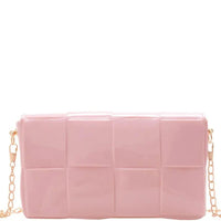 Pink plastic quilted bag with chain strap, perfect for stylish outings