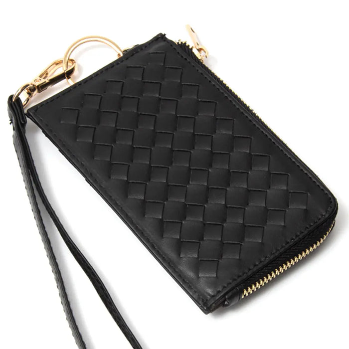 Quilted Smooth Card Holder Zipper Wallet With Hand Strap - WALLET