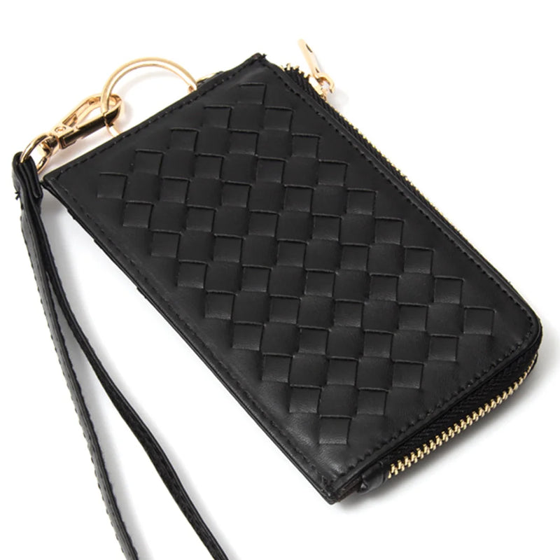 Quilted Smooth Card Holder Zipper Wallet With Hand Strap - WALLET