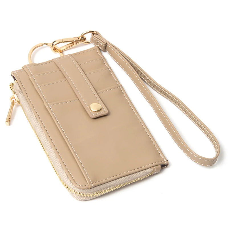 Quilted Smooth Card Holder Zipper Wallet With Hand Strap - Beige - WALLET