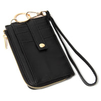 Quilted Smooth Card Holder Zipper Wallet With Hand Strap - Black - WALLET