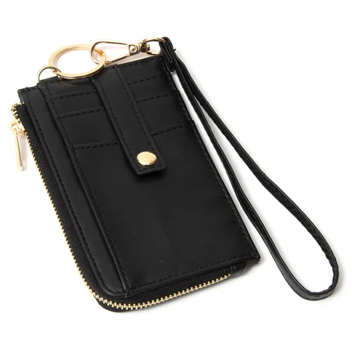 Quilted Smooth Card Holder Zipper Wallet With Hand Strap - Black - WALLET