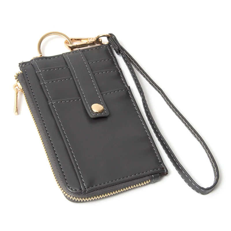 Quilted Smooth Card Holder Zipper Wallet With Hand Strap - Grey - WALLET