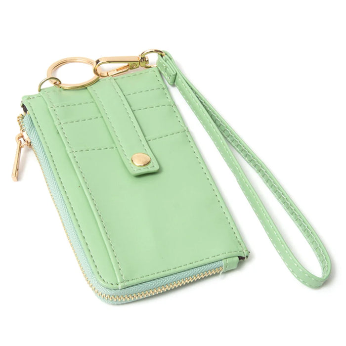 Quilted Smooth Card Holder Zipper Wallet With Hand Strap - Mint