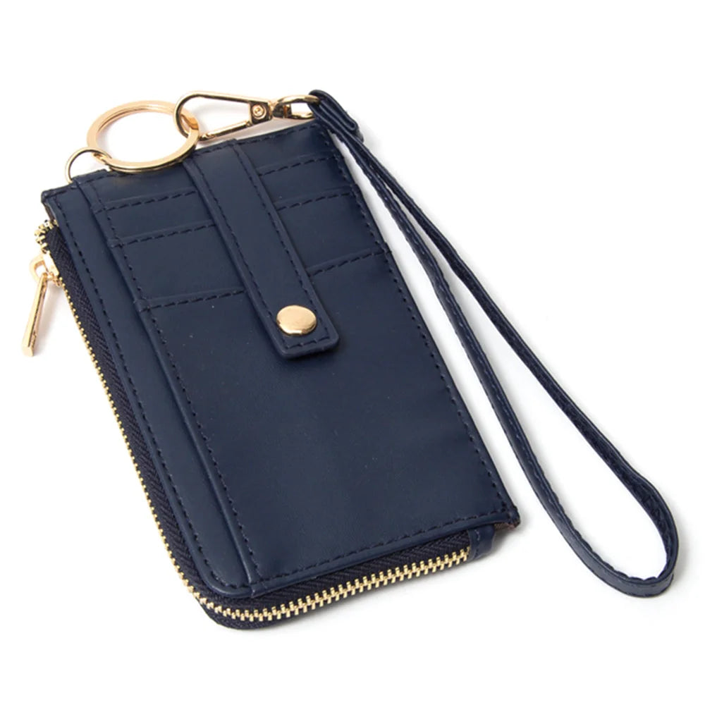 Quilted Smooth Card Holder Zipper Wallet With Hand Strap - Navy - WALLET