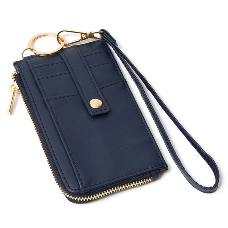 Quilted Smooth Card Holder Zipper Wallet With Hand Strap - Navy - WALLET