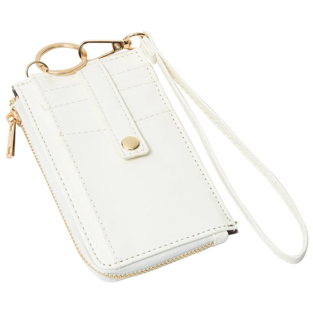 Quilted Smooth Card Holder Zipper Wallet With Hand Strap - White - WALLET