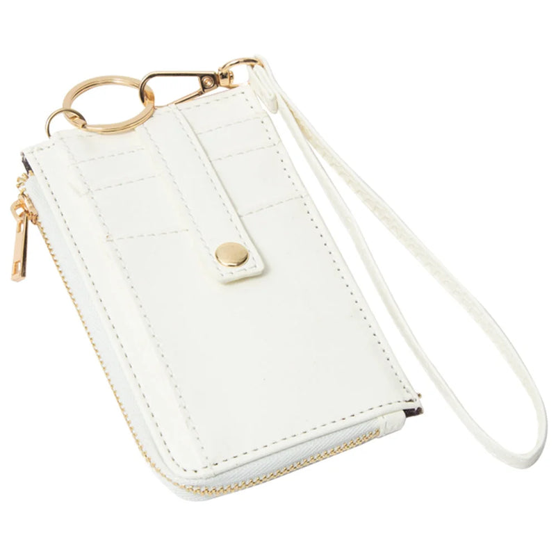 Quilted Smooth Card Holder Zipper Wallet With Hand Strap - White - WALLET